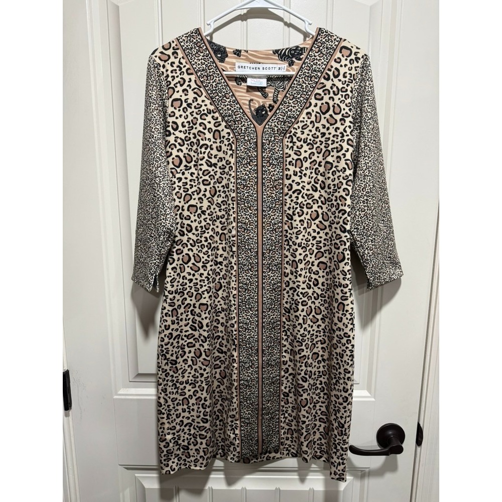 Gretchen‎ Scott Dress Womens Size Medium 3/4 Sleeve Cheetah Print Knee Length